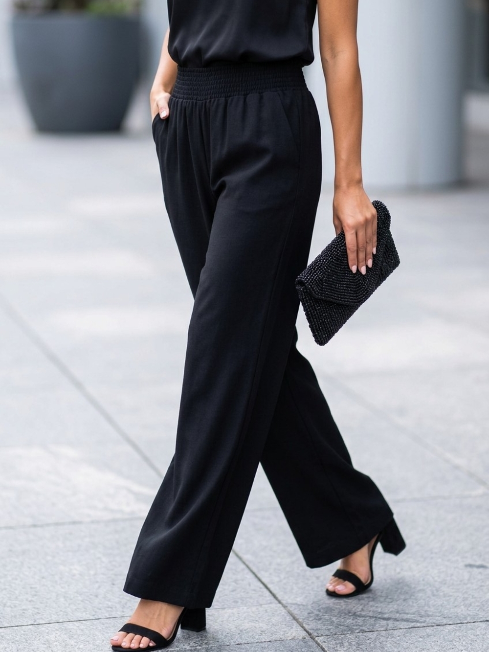 Babaton Black Flowy Wide-Leg Smocked-Waist Pants | Size 2XS